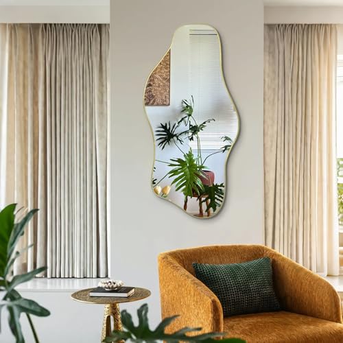 Irregular Wall Mirror, 40"x17.7" Gold Asymmetrical Frameless Mirror, Modern Organic Shaped Mirrors for Living Room Bedroom Hallway Entryway, Horizontal or Vertical Hanging - color: Gold, size: 40"L x 17.7"W