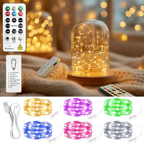 ZSJWL 6 Pack Rechargeable Fairy Lights with Remote & DIY Timer, 7Ft 20LED Mini Battery String Light, Twinkle Silver Copper Wire Lights for Wedding Party Bedroom Christmas Table Decoration (Multicolor) - color: Multicolor, size: 6 Pack – Rechargeable