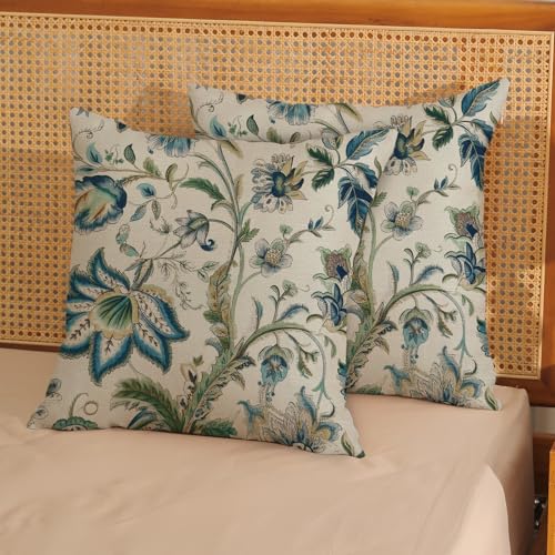 Sage Green Blue Pillow Covers 16x16 Inch 2 Pcs Spring Chinoiserie Floral Decor Throw Pillows Boho Vintage Flower Seasonal Outdoor Decoration Pillowcase Linen Cushion Cover for Couch Sofa Bed - color: Sage Green Blue Floral, size: 16" x 16" (Pack of 2)