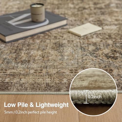 Fmfunctex 2x5 Washable Runner Rug Brown Vintage Neutral Distressed Non Slip Low Pile Indoor Carpet Soft Retro Floral Hallway Entryway Rug for Kitchen Living Room Bedroom Bathroom Laundry Entry Bedside - color: Brown, size: 2' x 5' (Rectangular)