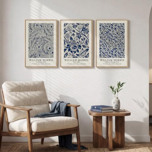 Framed William Morris Wall Art Set of 3, Large Vintage Blue Botanical Floral Canvas Prints, Farmhouse Aesthetic Wall Decor for Living Room Bedroom Hallway Office, 16x24 Inch - color: Blue, size: 16"W x 24" H x 3Pcs