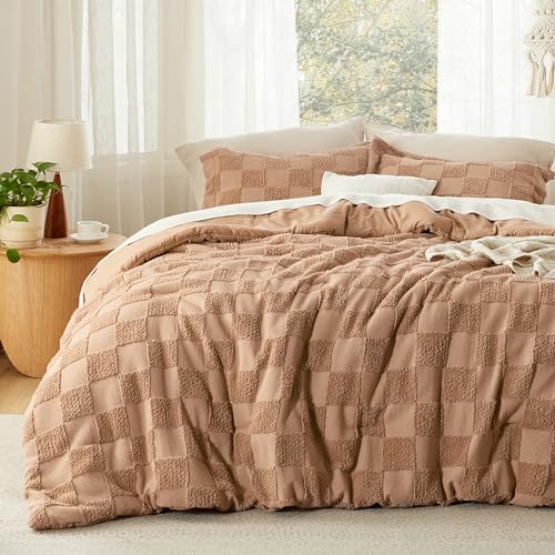 Bedsure Taupe Queen Size Comforter Set, Boho Tufted Bed Set, Checkered Farmhouse-Style Distressed Vintage Bedding, 3 Pieces, 1 Plaid Geometric Comforter and 2 Pillow Shams - color: 01 - Taupe - Tufted Checkboard, size: Queen