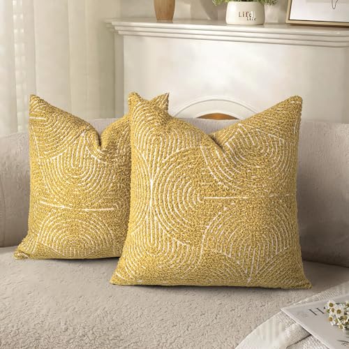 AELS Boho Decorative Textured Throw Pillow Covers 16x16, Organic Modern Mid Century Rainbow Tufted Pillow Case, Farmhouse Rustic Geometric Woven Cushion Case for Bed Couch Sofa, Mustard Yellow - color: Mustard Yellow, size: 16" x 16" (Pack of 2)