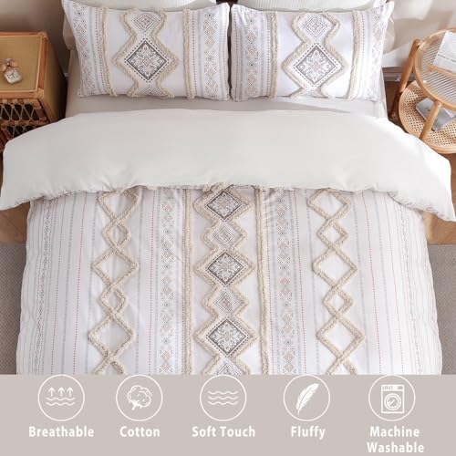 Herside 100% Cotton Boho Duvet Cover Set King Size,Shabby Chic Aztec Western Beige Tufted Bedding,Farmhouse Luxury 3 Piece Textured Quilt Duvet Set for All Season Home Decor - color: Beige, size: King(No Comforter)