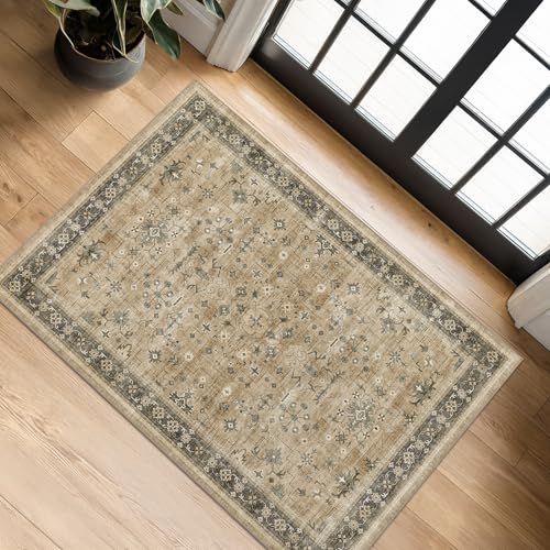 Hazo Haus Washable 2x3 Entry Rug Front Door Indoor, Bohemian Kitchen Floor Rug, Non-Slip & Stain Resistant, Vintage Desert Taupe Sage Farmhouse Floral Décor - color: Desert Taupe / Sage, size: 2' x 3' (Rectangular)