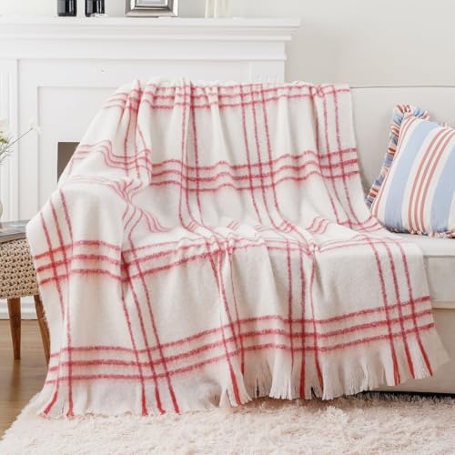 Battilo Cream Plaid Throw Blanket for Couch Bed, Farmhouse Mohair Blankets Throws, Soft Cashmere Tartan Plaid Throws, Red Christmas Stripe Throw Blankets for Home Decor(50"x60") - color: Red Stripe