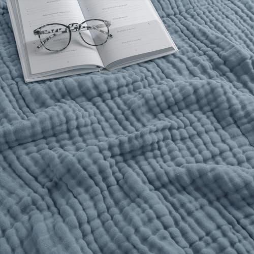 Comfy Cubs Muslin Throw Blanket - 50” x 60” Quilted Design - Lightweight, Breathable 6-Layer Gauze Fabric - Soft Cotton Blanket for Home or Travel - Packaged in Elegant Gift Box - Pacific Blue - color: Pacific Blue, size: Throw - 50" X 60"