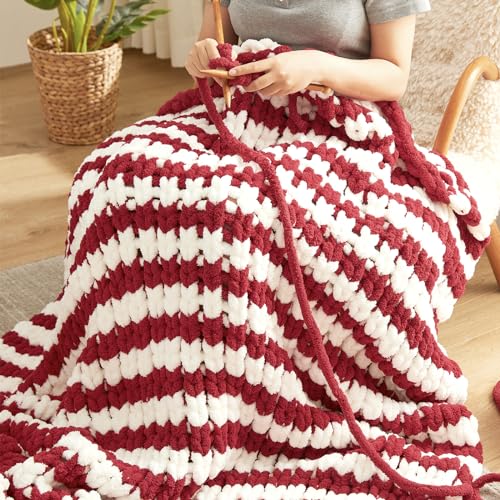 Amélie Home Chunky Knit Throw Blanket for Couch, Soft Chenille Handmade Crochet Throw Rope Knot Blanket for Couch, 50"x60",Red White Stripe - color: Red White Stripe, size: 50"x60"
