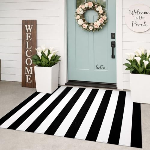 KILOCOCO Black White Striped Rug - 3'X5' Front Door Mat Outdoor, Welcome Mats Rugs Cotton Washable Front Porch Rug Layered Doormats for Kitchen Farmhouse Entryway - color: Black and White Stripe, size: 3' x 5' (Rectangular)