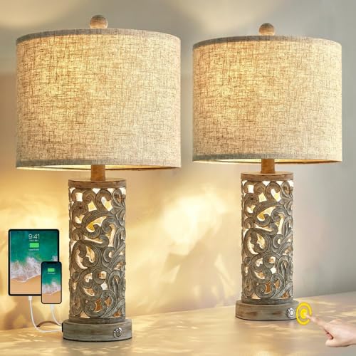 OYEARS Bedside Table Lamps Set of 2 with USB & Night Light, 22'' Dimmable Touch Lamps for Nightstand, Farmhouse Lamps for Bedroom Living Room Home Offce (Bulb Included) - color: Rustic Grey