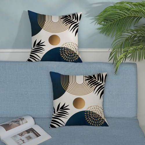Boho Pillow Covers 16x16 Set of 2 Navy Blue Black Gold Tropical Leaf Geometric Throw Pillow Covers Outdoor Decor Mid Century Modern Abstract Pillowcase Decorative Cushion Case for Home Couch - color: Boho-navy Blue-tropical Leaves, size: 16" x 16" (Pack o