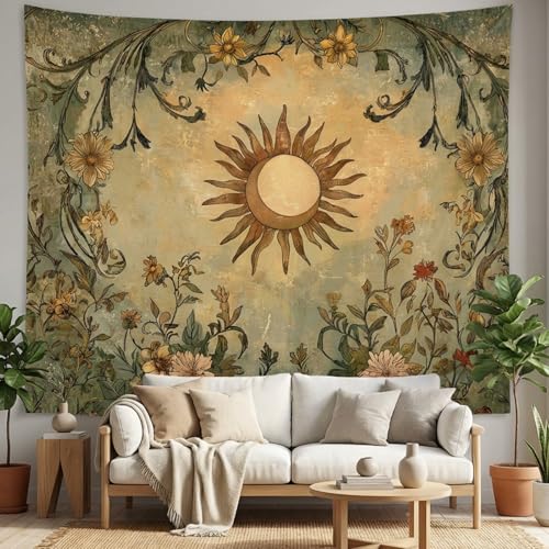 Lifeel Vintage Sun and Moon Tapestry, Boho Retro Green Plant Aesthetics Tapestries for Living Room Dorm, 36x48 inches - color: cream, size: 48"L x 36"W