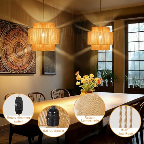 Vinaco Boho Hanging Light Plug in with Rotary Switch, Hand-Woven Dimmable Switch Swag Lamp, 3-Tier Wicker Swag Lights with Plug in Cord 15.4ft, Rattan Wicker Pendant Lights Living Room Corridor Foyer - size: 3 tier HL-8