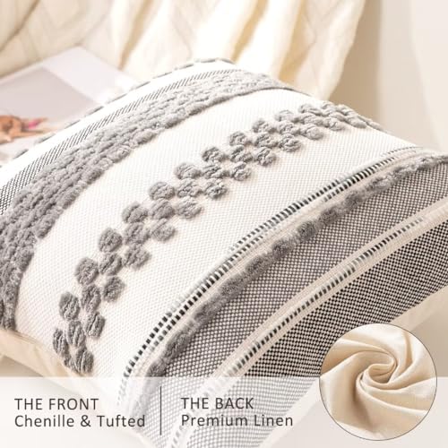 Boho Throw Pillow Covers 18x18 Set of 2 Farmhouse Decorative Cushion Case Striped Square Pillows Cover Chenille Pillow Cases Accent Neutral Pillowcase for Sofa Couch Bed,Gray - color: Gray Stripe