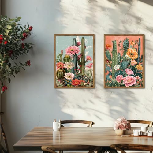 Framed Mexican Cactus Canvas Wall Art Set of 2, Vintage Desert Floral Wall Decor Paintings, Southwestern Boho Botanical Pictures Prints Aesthetic Home Decor for Living Room Bedroom Bathroom 12x16 inch - color: Colorful, size: 16L" x 12W"