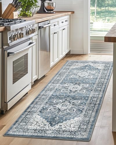 AMADA HOMEFURNISHING 2x5 Washable Runner Rug, Low-Profile Kitchen Rugs with Non-Slip Backing & Durable Edge Binding, Vintage Entryway Runner Rug for Bedroom & Hallway - color: Blue, size: 2' x 5' (Runner)