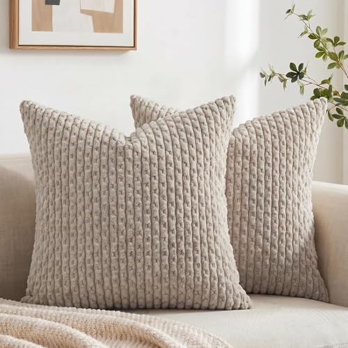 Fancy Homi Set of 2 Neutral Taupe Decorative Throw Pillow Covers 18x18 Inch for Couch Bed Sofa Bedroom, Modern Farmhouse Boho Home Decor, Soft Fluffy Textured Corduroy Cute Cushion Case 45x45 cm - color: Taupe, size: 18" x 18" (Pack of 2)