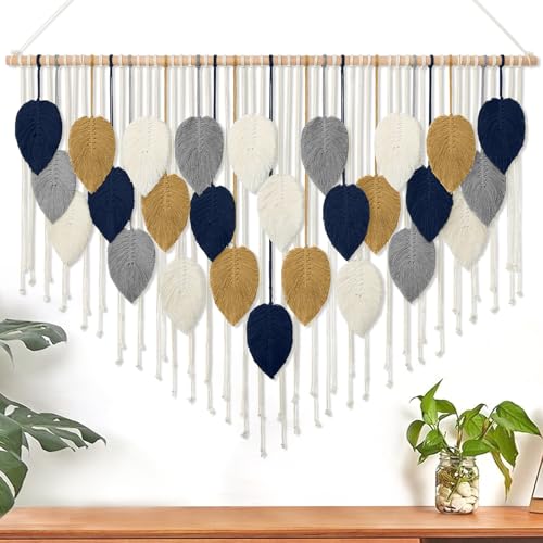 Macrame Wall Hanging, Boho Handmade Woven Leaf Tapestry, Chic Wall Art Decor for Bedroom Living room Nursery Apartment Ornament (51.5" W x 33.5" L) - color: Dark Blue-51.5"W x 33.5"L