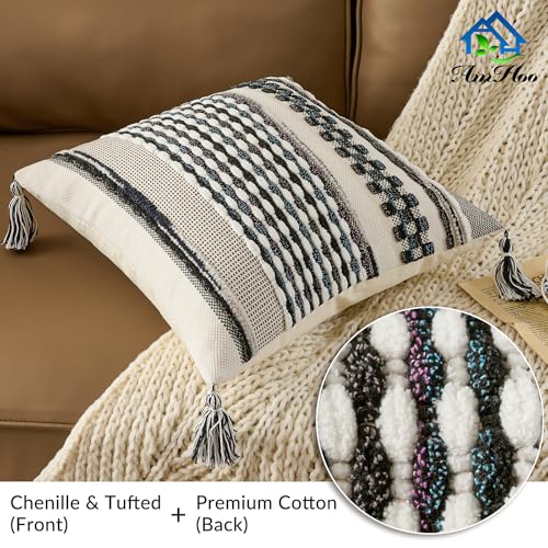 AmHoo Chenille Striped Textured Boho Throw Pillow Covers Aesthetic with Tassels Woven Decorative Pillow Case for Couch Bed Sofa Bedroom Modern Funky 18 x 18-Inch Black Multicolor - color: Black Multicolor, size: 18" x 18" (Pack of 1)