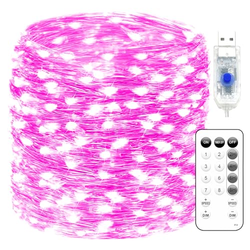 Fairy Lights 66ft 200 LED USB Twinkle String Lights Plug in Silver Wire Lights with Remote and Timer 8 Modes Outdoor Waterproof Starry Lights DIY Party Wedding Christmas Decoration(Pink) - color: Pink