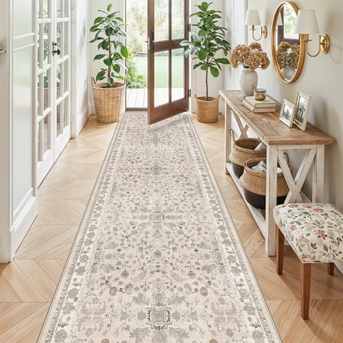 3x10ft Hallway Runner Rug Non-Slip Washable – Soft Long Carpet Runner for Kitchen Indoor Entryway,Boho Floral Low Pile Thin Wide Rug Runner with Rubber Backing (Beige,3x10) - color: Beige, size: 3' x 10' (Rectangular)
