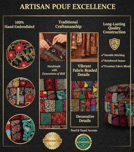Bohemian Indian Patchwork Ottoman Pouf Cover – 14"x22" inchRound Cotton Embroidered Footstool Pillow – Vintage Ethnic Decor, Black (Cover Only) - color: Black, size: 22"D x 22"W x 14"H