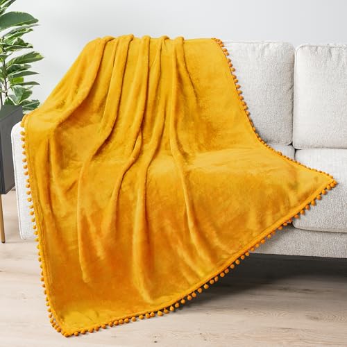 PAVILIA Fleece Throw Blanket for Couch with Pom Pom Fringe, Mustard Yellow, Soft Cozy Fuzzy Flannel Blanket for Sofa Bed, Large Lightweight Plush All Season Throw, 60x80 Inches - color: Mustard Yellow, size: 60"x80"