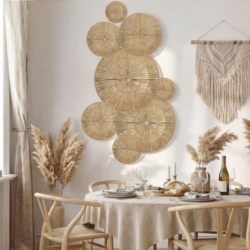 Yerliker 8 Pack Boho Wall Baskets Decor Large Hanging Woven Wicker Wall Art 23", 21", 15", 13", 12", 10", 8", 7" round Decorative Baskets for Bedroom, Living Room, Home, Office