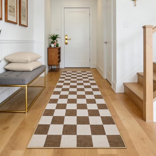 GarveeHome Checkered Terracotta Brown 2x6 Washable Kitchen Runner Rug Geometric Diamond Dot Modern Neutral Boho Soft Low-Pile Long Rug for Bedroom Hallways Entryway Non-Slip TPE Backing - color: Terracotta Brown, size: 2' x 6' (Runner)