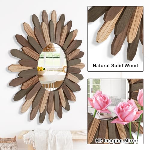 Emfogo Wall Mirror 21 inch Large Rustic Wood Boho Mirror Wall Decor Boho Room Decor Home Decor Aesthetic Farmhouse Decor for Bedroom Living Room Entryway(Tri-Color) - color: Tri-color, size: 21"L x 21"W