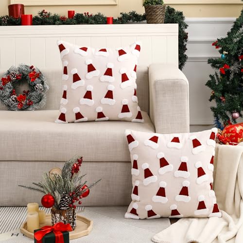Christmas Tufted Throw Pillow Cover 18 x 18 inch Set of 2 Multiple Xmas Hats Pillow Covers 3D Christmas Party Decor Winter Holiday Cushion Case for Sofa Couch Bed Living Room - color: Multiple Christmas Hats, size: 18" x 18" (Pack of 2)