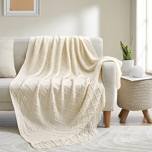 Acrylic Knitted Throw Blanket, Lightweight and Soft Cozy Decorative Woven Blanket with Tassels for Couch, Bed, Sofa, Travel, Suitable for All Seasons, 50 x 60 Inches, White - color: White