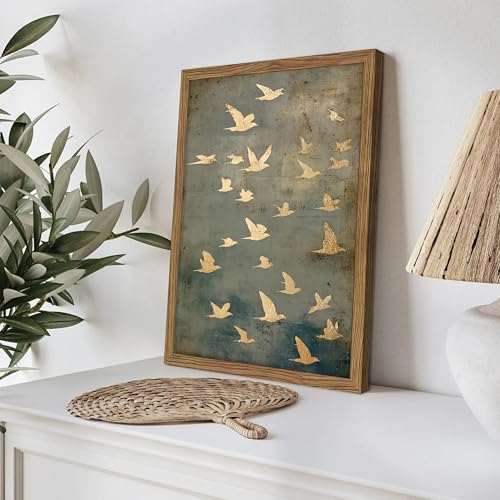 Framed Flock of Birds Canvas Wall Art, Vintage Minimalist Abstract Landscape Painting, Neutral Gold Birds Spiritual Wall Decor, Modern Aesthetic Pictures for Bedroom Living Room 16x24 inch - color: Flying pigeons, size: 24"L x 16"W