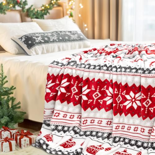 MACEVIA Christmas Throw Blanket for Couch, Holiday Christmas Reindeer Snowflakes Flannel Fleece Blanket, Soft, Cozy, Plush, Warm Winter Cabin Throw Decor, (Red Reindeer, 50x60inches) - color: Red Reindeer, size: Flannel Fleece (50x60 IN)