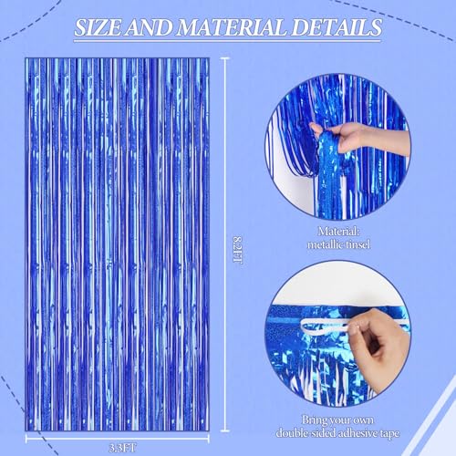 DECOCKRAT 3 Pack Foil Fringe Backdrop - Laser Royal Blue Shiny Tinsel Curtains for Party Decoration/Photo Booth Props - 3.3x8.2 FT Metallic Foil Backdrop for Birthday, Wedding, Graduation, Christmas - color: Laser Royal Blue