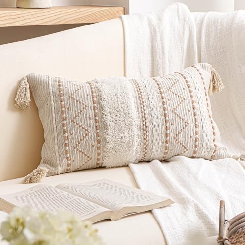 BlissBlush 12x20 Lumbar Pillow Cover, Cream Neutral Beige Rectangular Decorative Cushion Cover, Boho Accent Pillowcase with Tufted Details and Tassels for Couch Sofa Living Room (Cover Only) - color: Beige, size: 20" x 12" (Pack of 1)