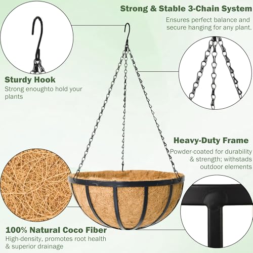 4 Pack 12 Inch Round Hanging Basket with Coco Liners， Metal Hanging Baskets for Plants Outdoor， Hanging Planter with Chain Garden Products for Outdoor, Porch, Lawn, Garden - size: 12 Inch