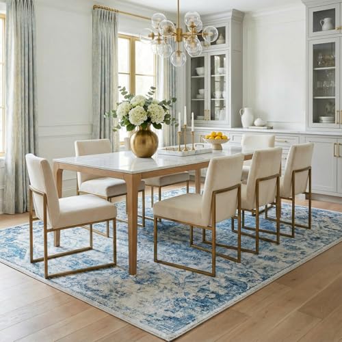 Washable Area Rug 5x7 for Living Room, Boho Vintage Distressed Rug, Soft Low Pile Non Slip Carpet, Floral Print Mat for Bedroom, Dinning Room,Playroom, Nursery Farmhouse Indoor-Blue/Gray - color: Blue/Grey, size: 5' x 7' (Rectangular)
