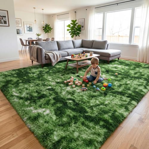 DweIke Fluffy Dark Green Rugs for Bedroom Living Room, 3x5 Feet Soft Plush Shaggy Tie-Dyed Forest Moss Green Girls Boys Kids Rug, Non-Slip and Machine Washable Carpet for Dorm Nursery Decor - color: Dark-green, size: 3 Ft X 5 Ft