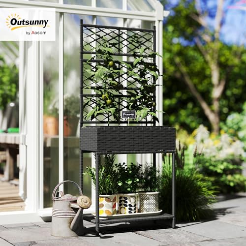 Outsunny Raised Garden Bed with Trellis, Outdoor Wicker Planter, Freestanding Rattan Planter Stand with Storage Shelf for Climbing Plants, Flowers, Herbs, Vegetables, Black - color: Black