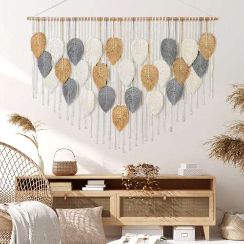 KHOYIME Large Macrame Wall Hanging Boho Woven Tapestry, Chic Modern Home Decor Bohemian Farmhouse Handmade Leaf Feather Wall Art Decorations for Living Room Bedroom Nursery Dorm Backdrop 51.5"W X 33.5"L - color: Yellow-51.5"W x 33.5"L