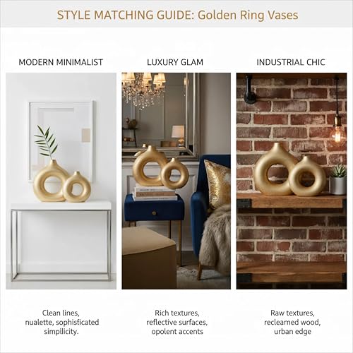 Modern Donut-Shaped Decorative Vases, Handmade Minimalist Boho ins Style, Modern Vase for Home Decor for Wedding Dinner Table Party Living Room Office Bedroom (Gold, Large + Small) - color: Gold, size: Large + Small