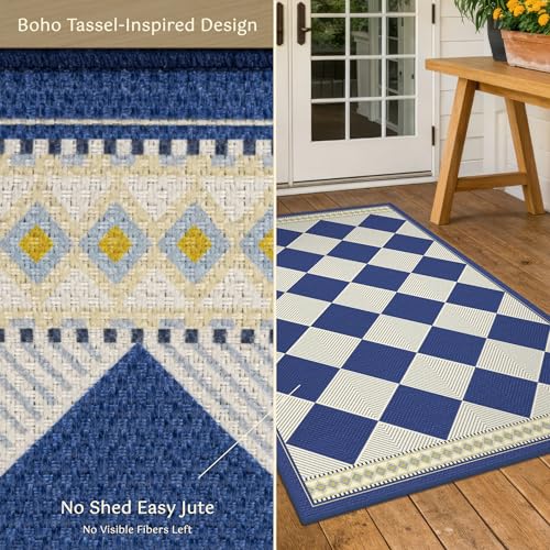 Checkered Easy Jute 3x5 Navy Blue Indoor Outdoor Rugs for Entryway, Washable Non Slip Diamond Boho Coastal Rug for Porch, Modern Minimalist Front Door Mat, Kitchen, Bathroom and Balcony Carpet - color: Blue, size: 3' x 5' (Rectangular)