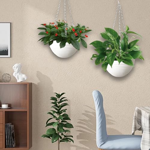 Srmayyi 4 Pack 8 inch Plastic Self Watering Hanging Planters,Round Hanging Basket Planter with Drainer and Metal Chain,White Garden Flower Plant Pot Container for Indoor Outdoor Plants - size: 4 pcs white