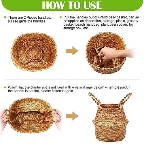 Qunclay 4 Pcs Woven Seagrass Baskets Belly Basket Folding Boho Natural Plant Pot with Handles Round Decorative Wicker Large Indoor Planter for Home Outdoor Tree Planters Decor (S,8.7''dx7.9''h) - size: S,8.7''Dx7.9''H