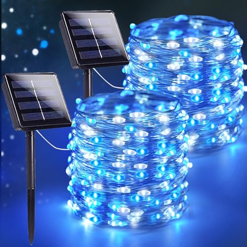 Extra-Long 144FT Solar String Lights for Outside, 2 Pack 400LED Solar Fairy Lights Outdoor Waterproof, Copper Wire with 8 Modes Solar Powered Twinkle Lights for Tree Party Xmas Decor (Blue and White) - color: Blue and White, size: 2 Pack-400LED