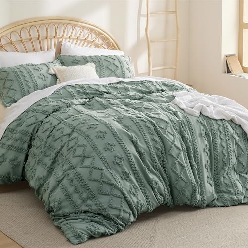 Bedsure Boho Duvet Cover Queen Size, Soft & Comfortable Elegant Design Boho Bedding for Decoration, Machine Washable Comforter Cover for All Seasons,Includes 1 Duvet Cover & 2 Pillow Shams,Sage Green - color: 11 - Sage Green - Elegant (No Comforter), size