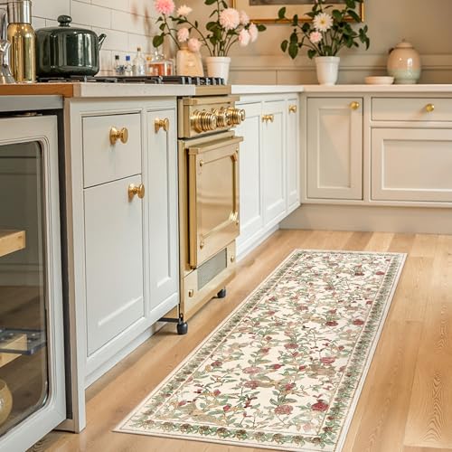 jinchan Eden Floral Washable Runner Rug 2x5 Vintage Hallway Rug Non-Slip Lightweight Soft Thin Kitchen Low Pile Distressed Red Green Carpet for Bathroom Laundry Room Bedroom Entryway - color: Eden Red/Green, size: 2' x 5' (Runner)