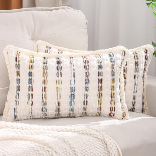 LUOYEHK Chenille Striped Throw Pillow Covers 12x20 Inch Set of 2 Boho Decorative Pillowcases with Fringe Farmhouse Neutral Cushion Covers for Couch Sofa Bed Living Room, Blue Brown - color: Blue Brown, size: 20" x 12" (Pack of 2)