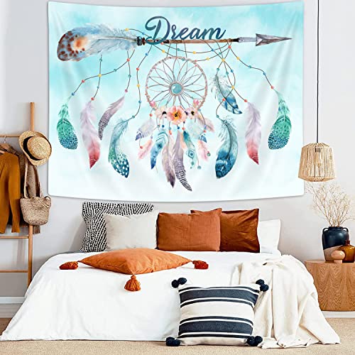 Dream Catcher Feather Small Tapestry, Native American Arrow Dreamcatcher Tapestry Wall Hanging for Teen Girl Bedroom, Blue Teal Bohemian Tapestries Living Room College Dorm Home Decor (60W X 40H) - color: Dream Catcher, size: 60"L x 40"W